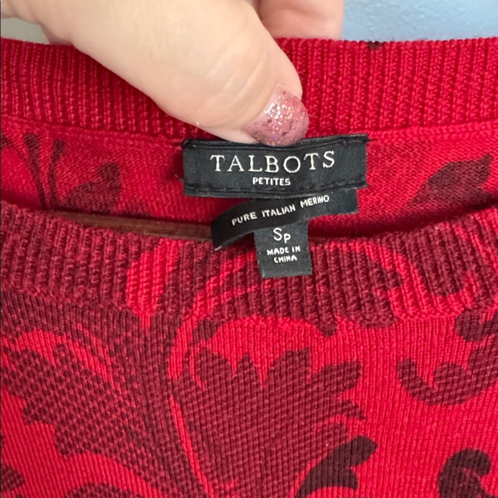 Talbots Red And Black Patterned Sweater 100% Meri… - image 2